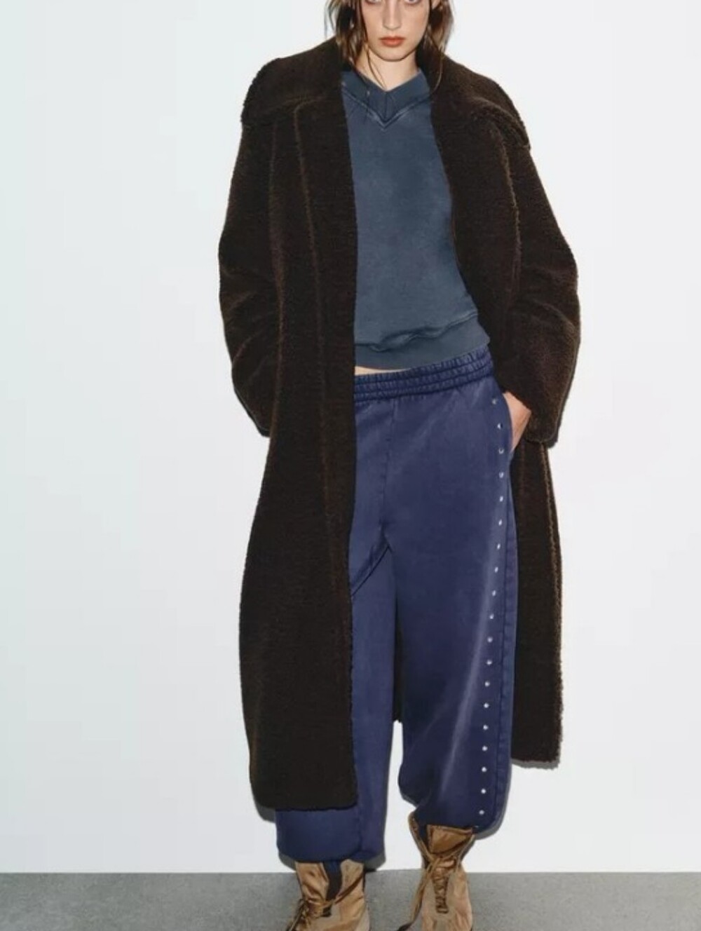 Zara Fleece Long Coat in Dark Brown - Women's Cozy Outerwear Sz-S